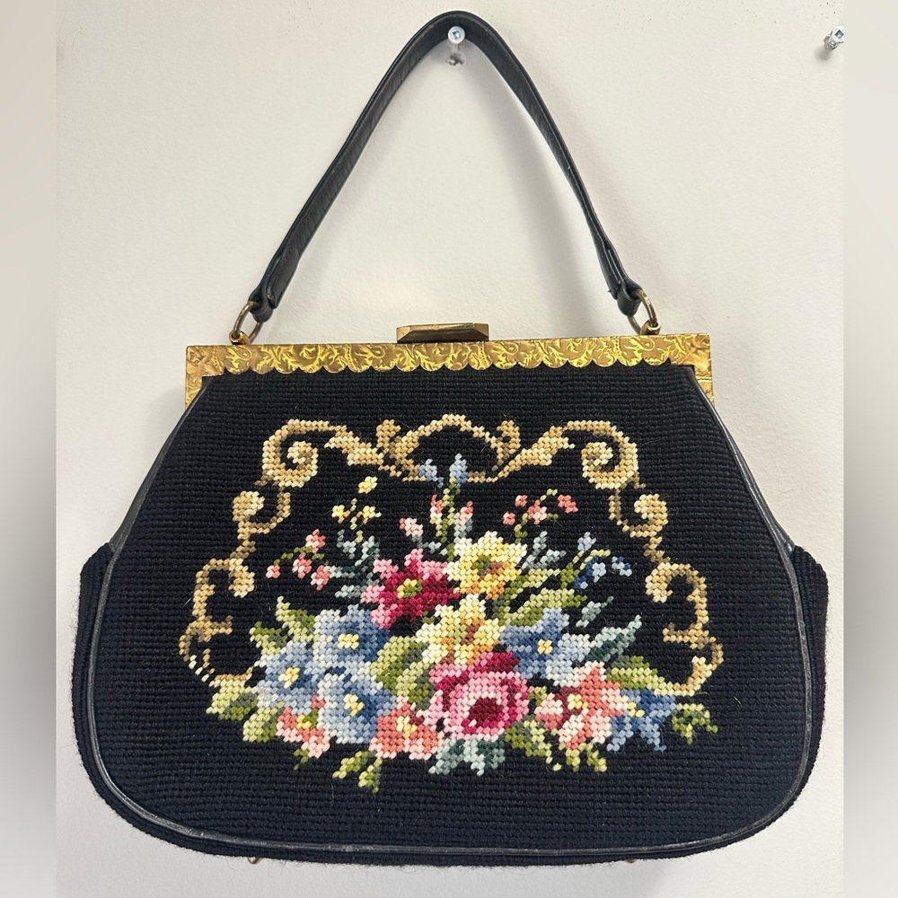 Vintage Floral Needlepoint Embroidered Black Handbag with Gold Trim Carpet Bag